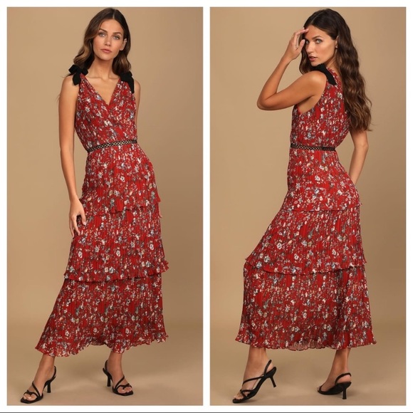 NWOT Lulus Such Sophistication Rust Red Floral Print Pleated Maxi Dress - Picture 2 of 16